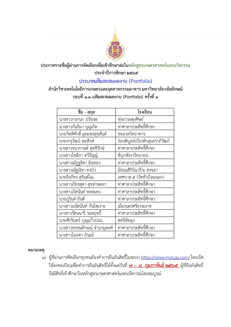 ประกาศผล TCAS65 portfolio รอบ 1.1