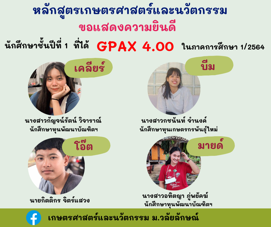 เกรดเฉลี่ย 4.00 เทอม 1/2564